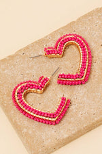 Seed Beaded Heart Hoop Earrings Hot Pink