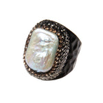 Irregular Fresh Water Pearl Rhinestone Pavė Cocktail Ring: Black