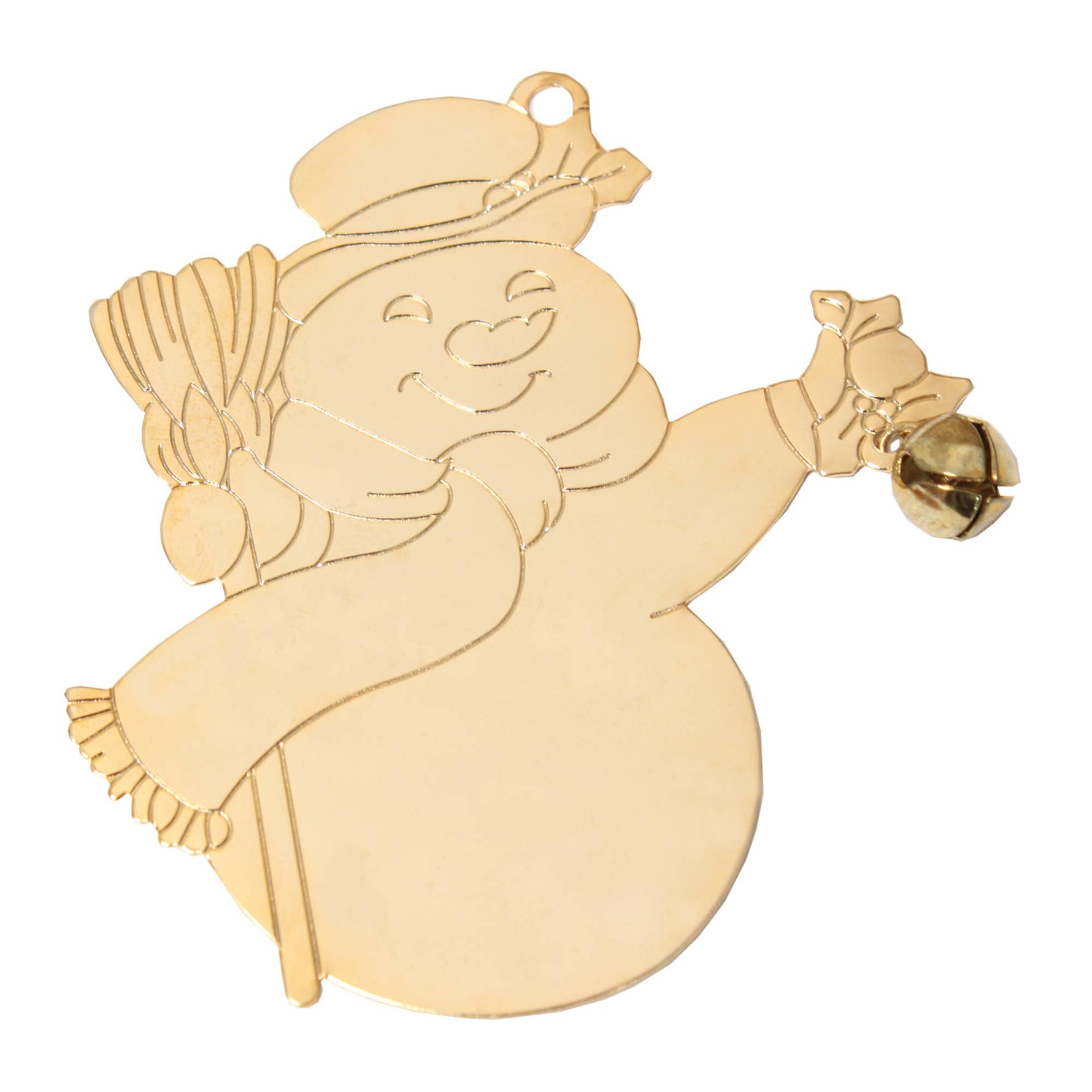 Snowman with Jingle Bell Gold Christmas Ornament