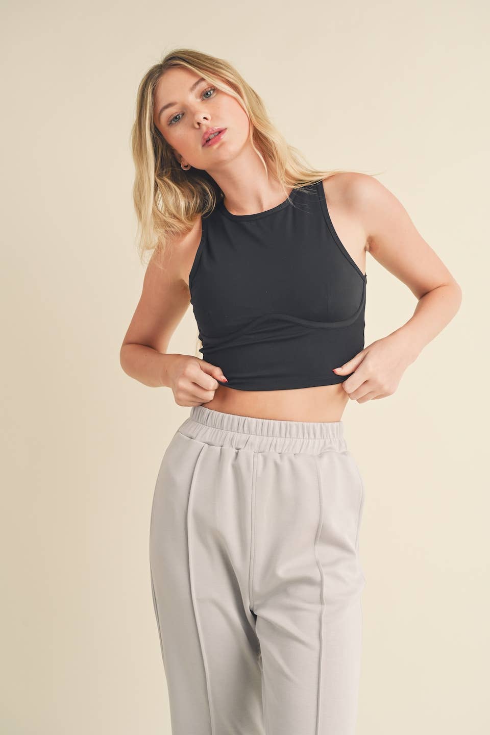 Corset Inspired Cropped Tank Top: Cream / L