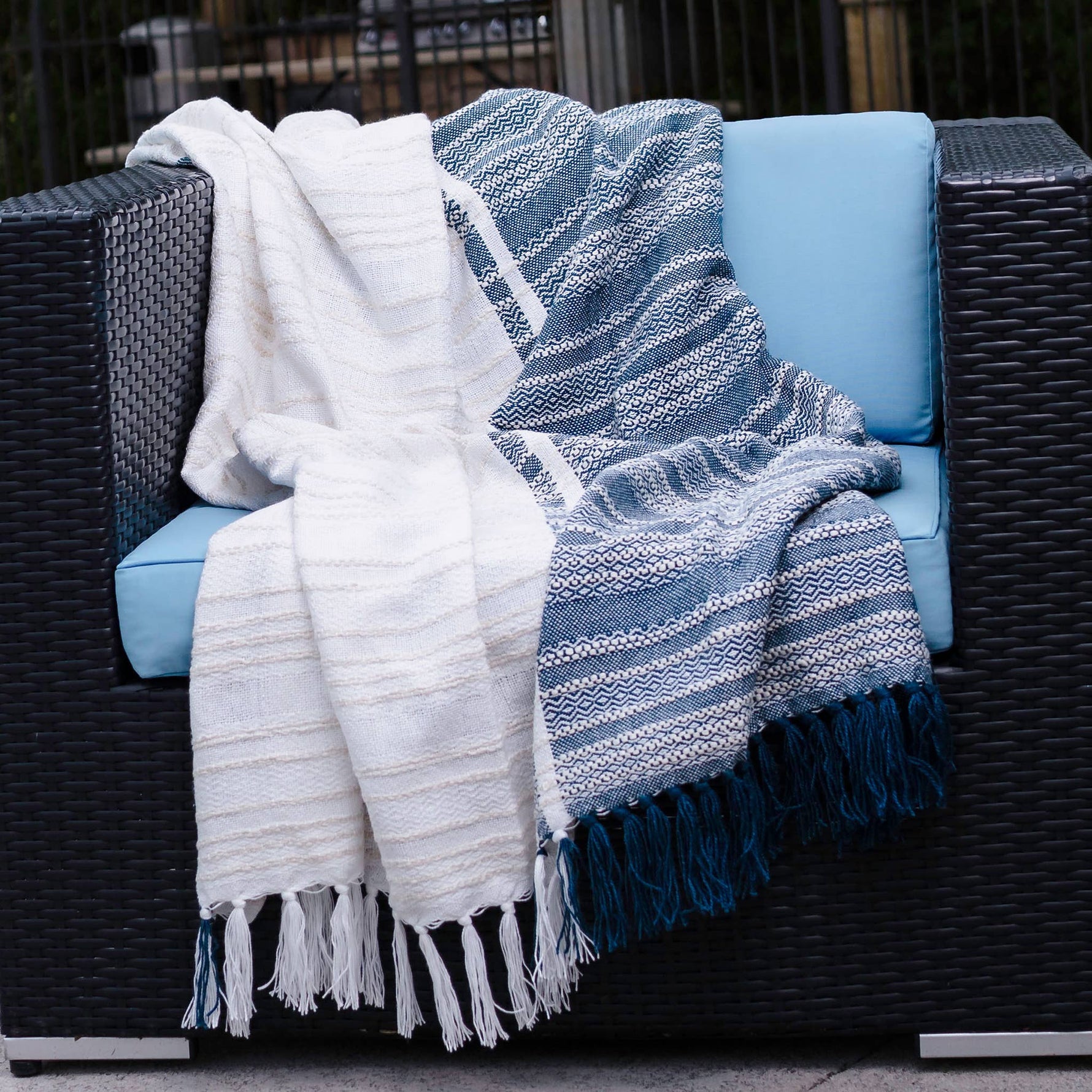 Genevieve 50x70" Indoor/Outdoor Recycled Woven Throw Blanket: Blue