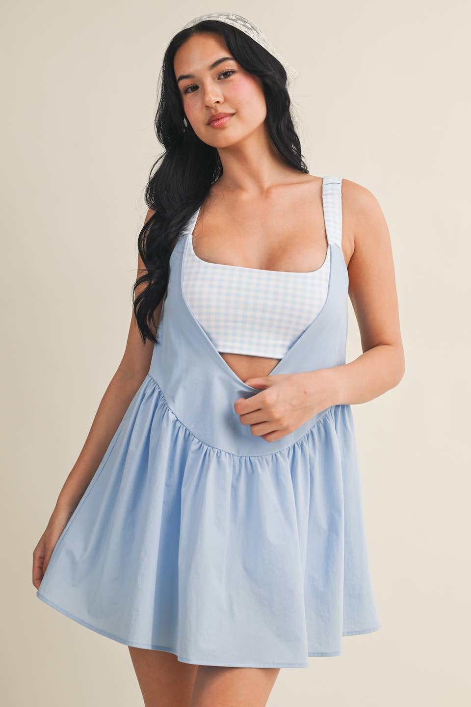 Gingham Print Double Layered Play Dress: Blue / S