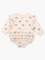 Baby Girls Heather Oatmeal Ribbons Sweatshirt Bubble Romper: Off-White / 3-6m
