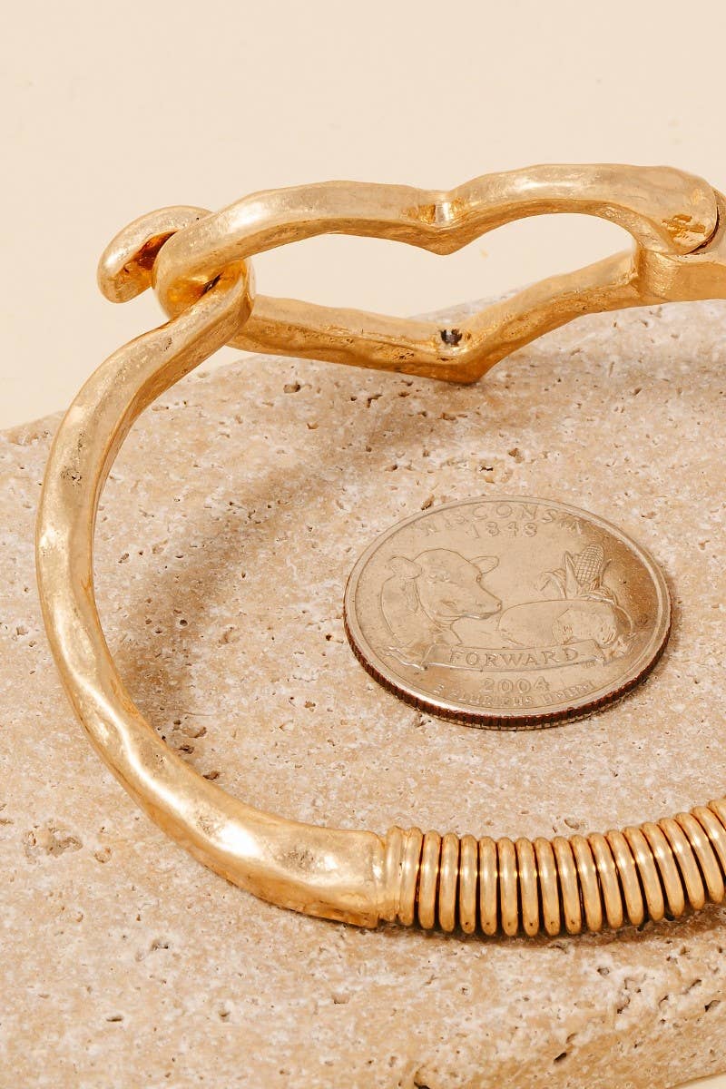 Hammered Gold Heart Coil Spring Hook Bangle Bracelet