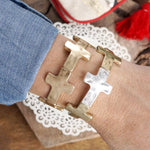 Hammered Sideways Cross Bracelet in Worn Silver Gold Tone Boho Style: Worn Silver and Gold Tones