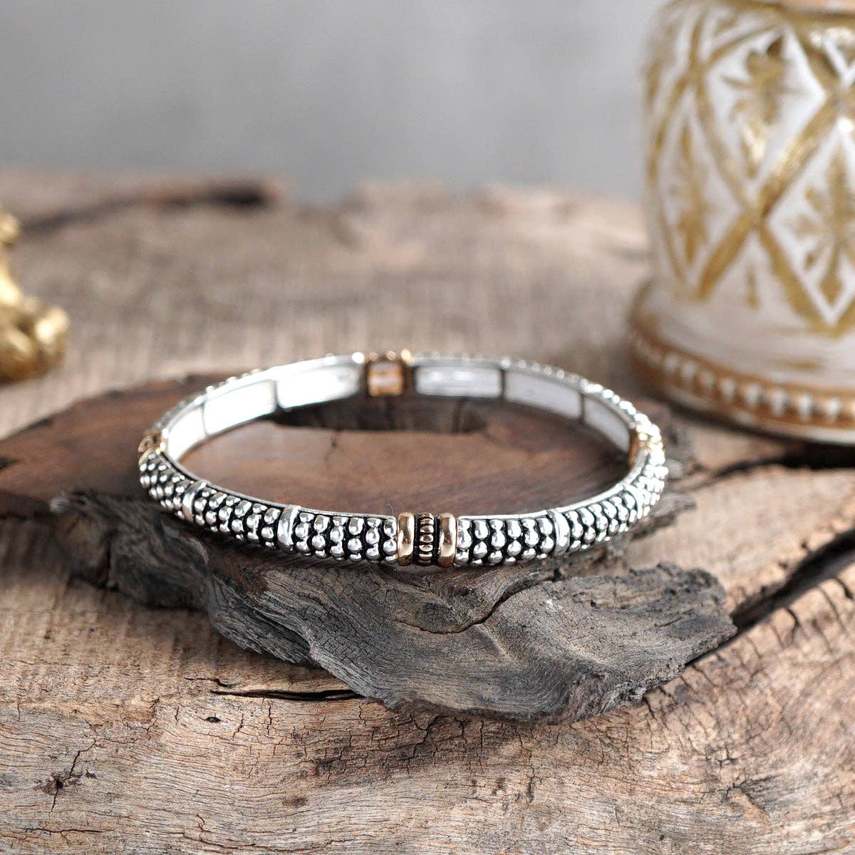 Luna Links – Silver Boho Bangles Collection: Caviar Texture - Two Tone