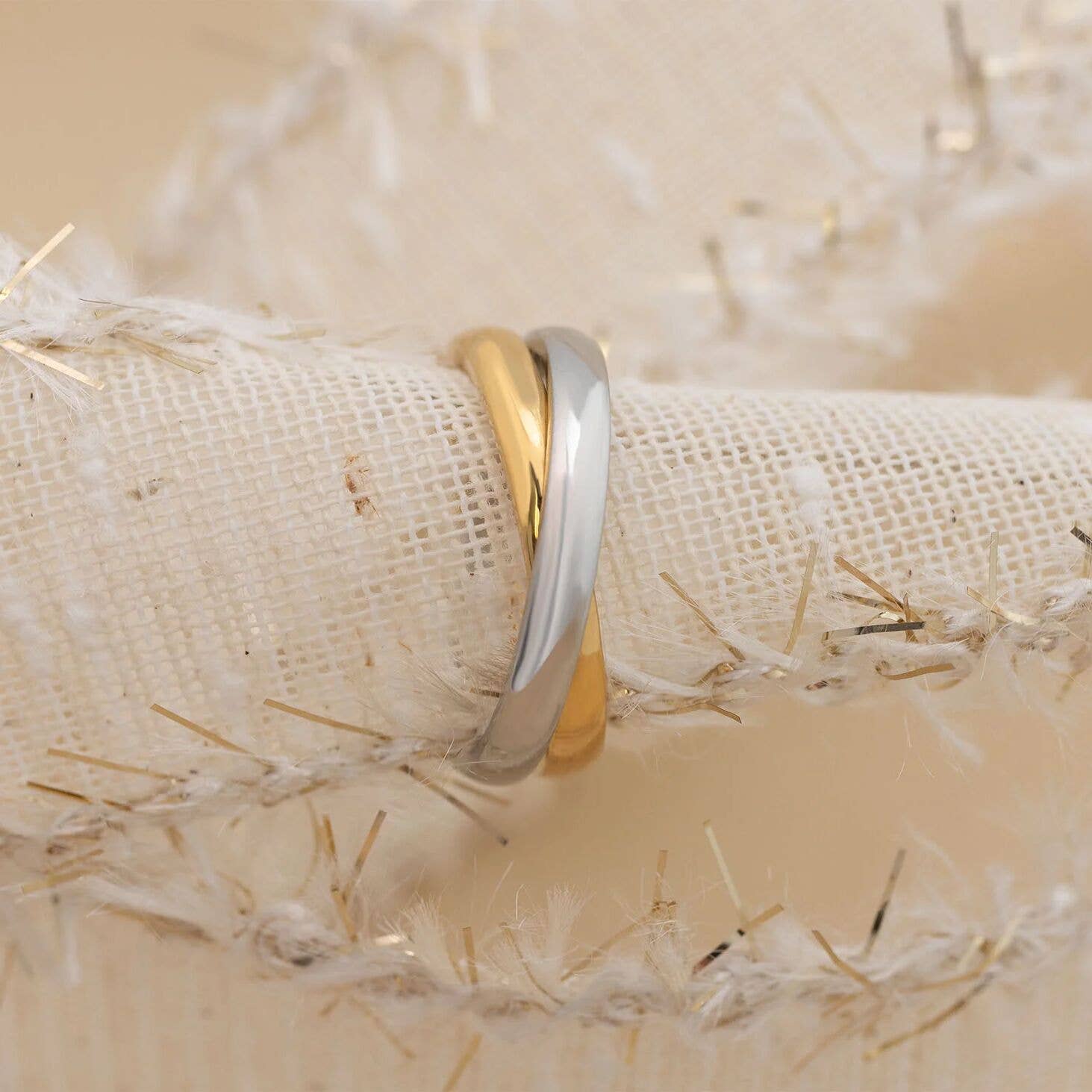 18K Gold PVD Stainless Steel Mixed Metal Intertwined Ring: Size 8