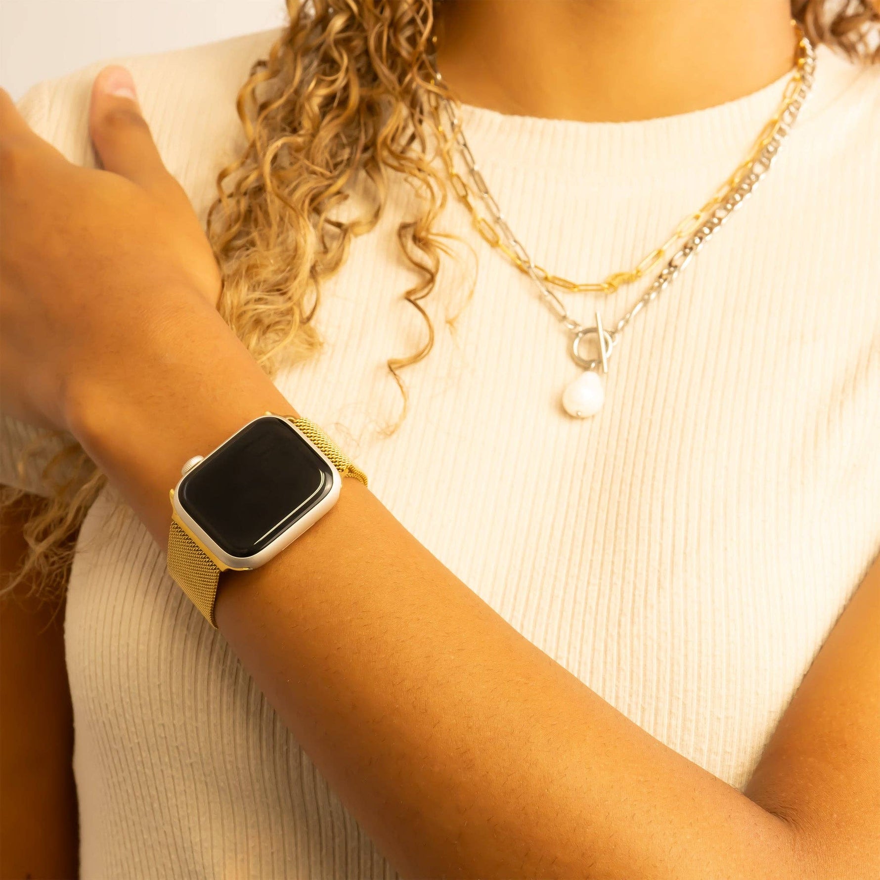 18K Gold PVD Stainless Steel Mesh Smart Watch Band: Gold