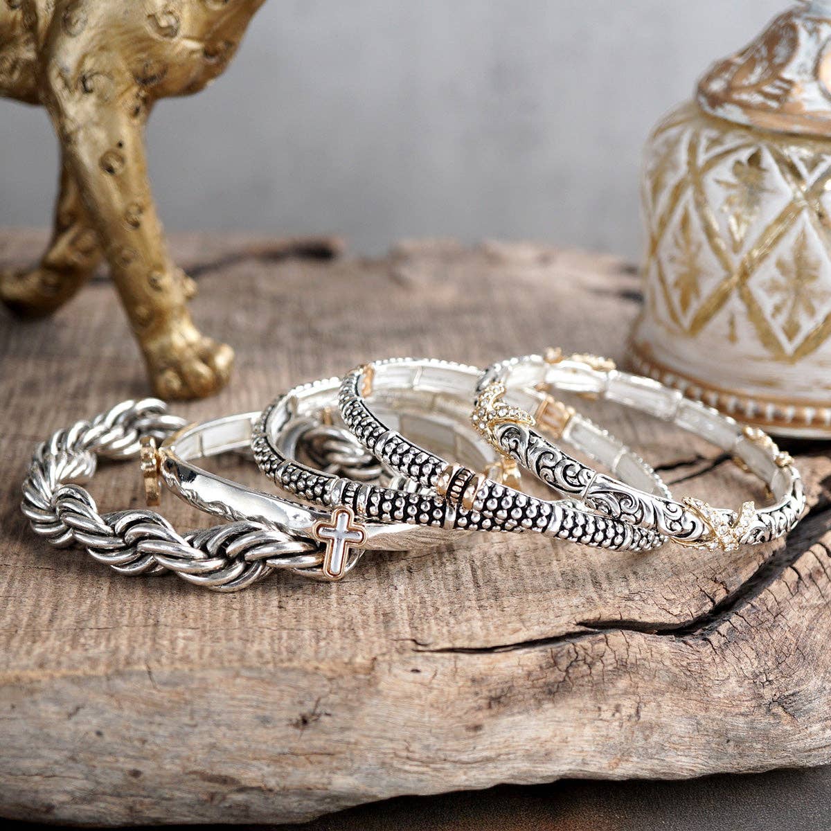 Luna Links – Silver Boho Bangles Collection: Caviar Texture - Two Tone