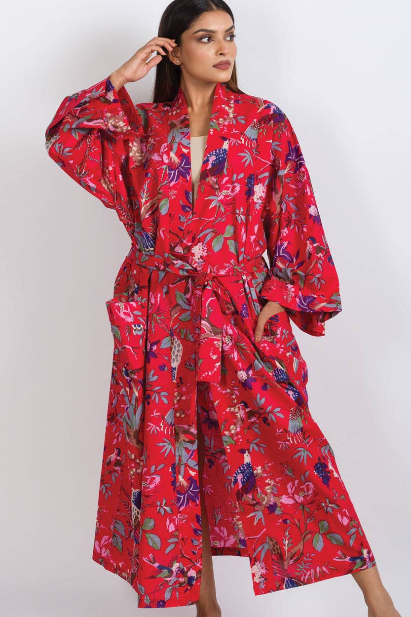 Rani Kimono Robes: Ivory Multi Birds