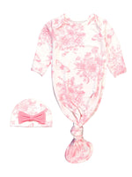 SoftSnooze™ Baby Girls Bamboo Viscose Pink Butterfly Garden Toile Ruffle Knotted Sleep Gown & Bow Hat Set: White / Newborn-3m