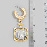 Square Two Tone Saint Coin Charm Hoop Earrings