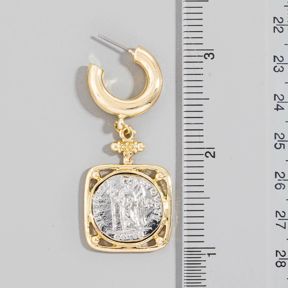 Square Two Tone Saint Coin Charm Hoop Earrings