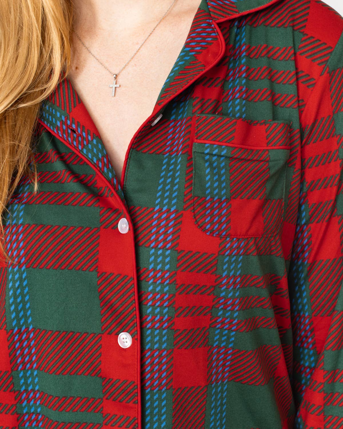 Telluride Plaid Long Sleeve Button Up Sleep Shirt   Dark Green/Red/Blue   -Asst.: Large