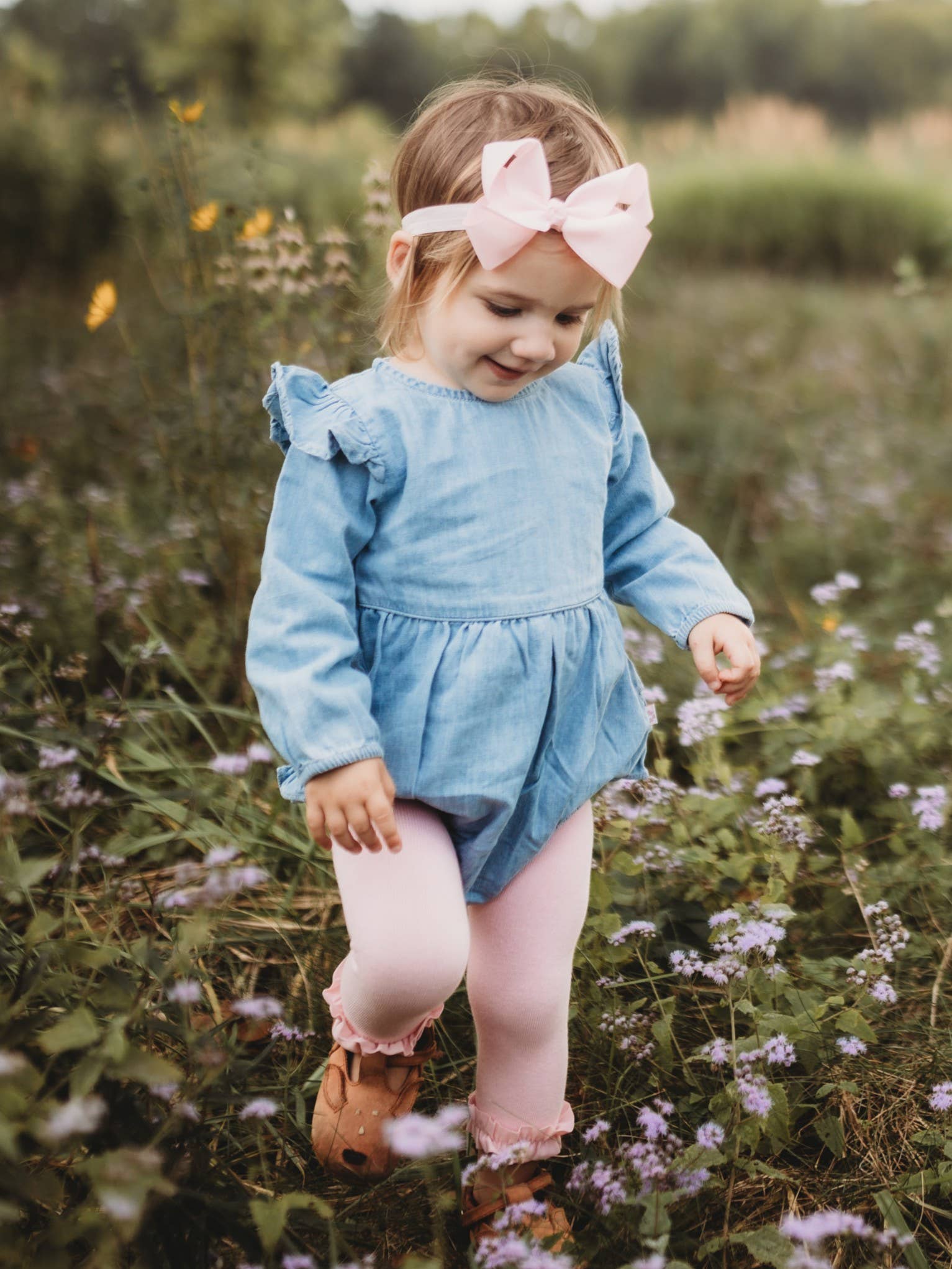 Baby Girls Light Wash Denim Long Sleeve Flutter Bubble Romper: Blue / 12-18m