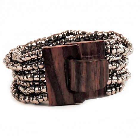 Bali Glass Beads Bracelet with Mini Wood Buckle: Black