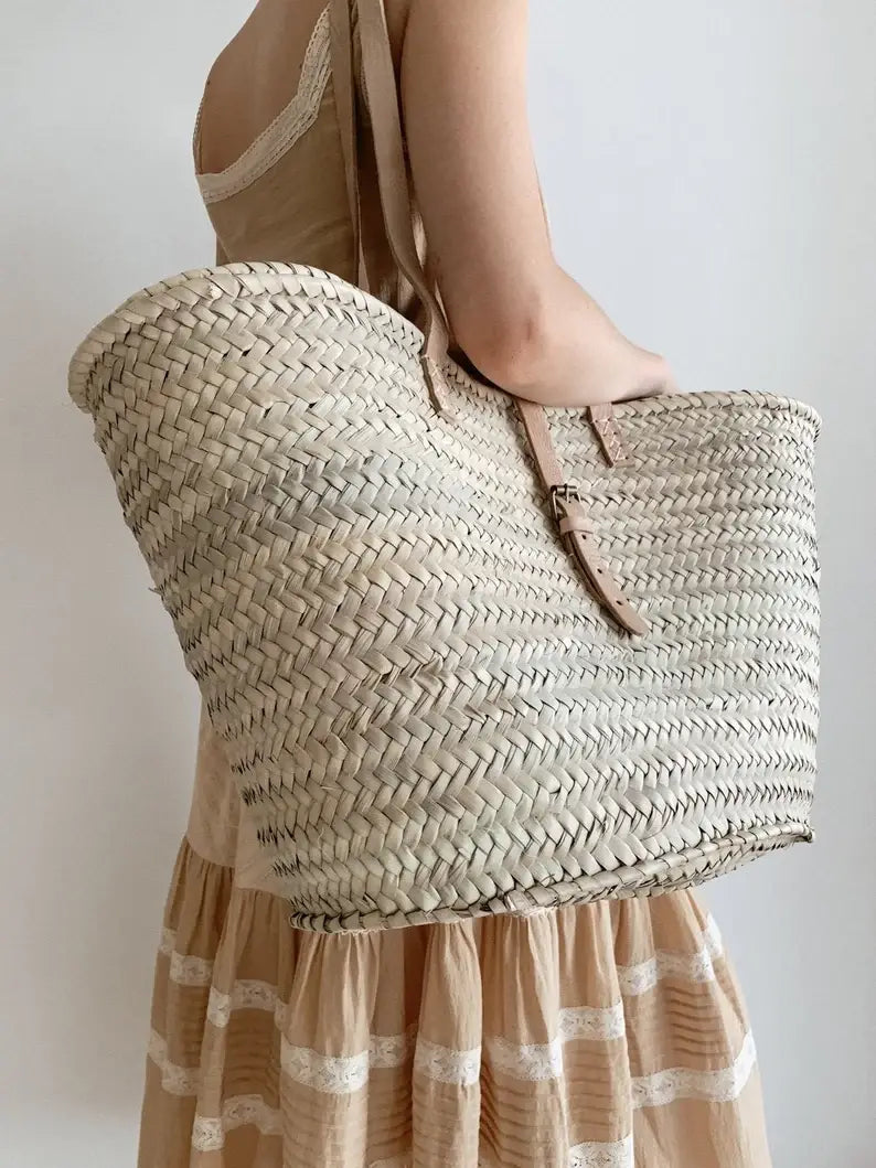 STRAW BAG Handmade Moroccan Basket with Leather