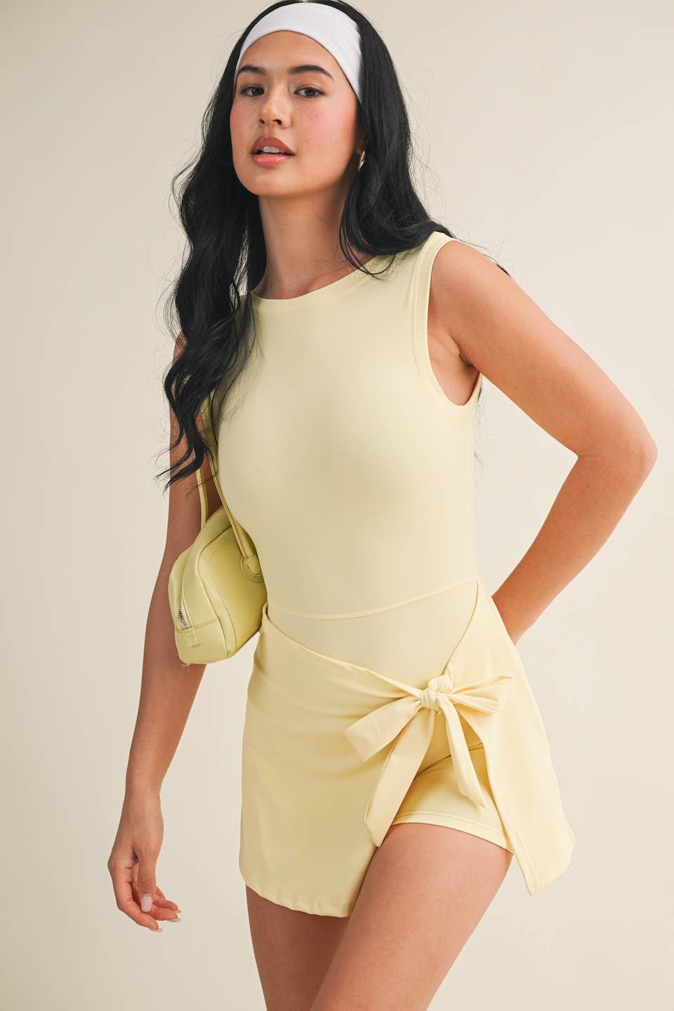 Sleeveless Wrap Tie Front Dress: Lemon / L