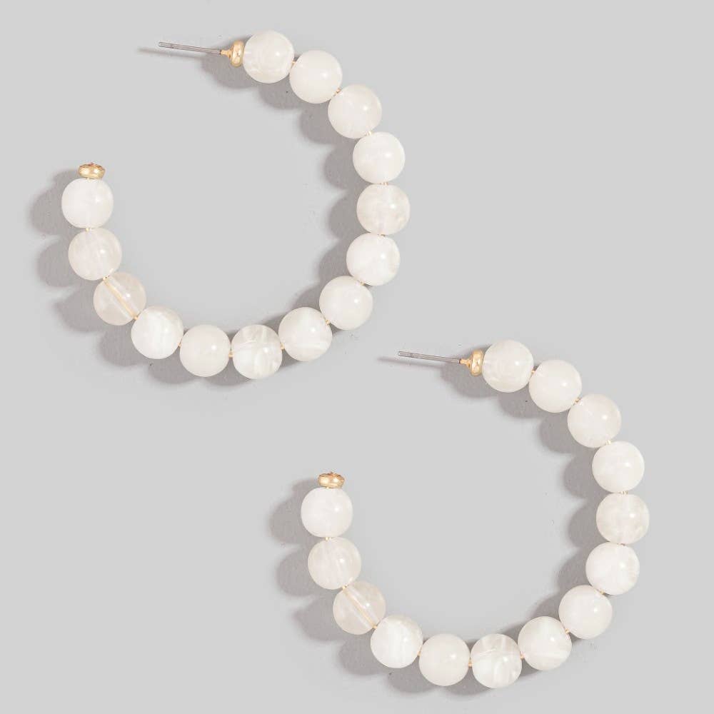 Marble Resin Ball Beaded Hoop Earrings Ivory