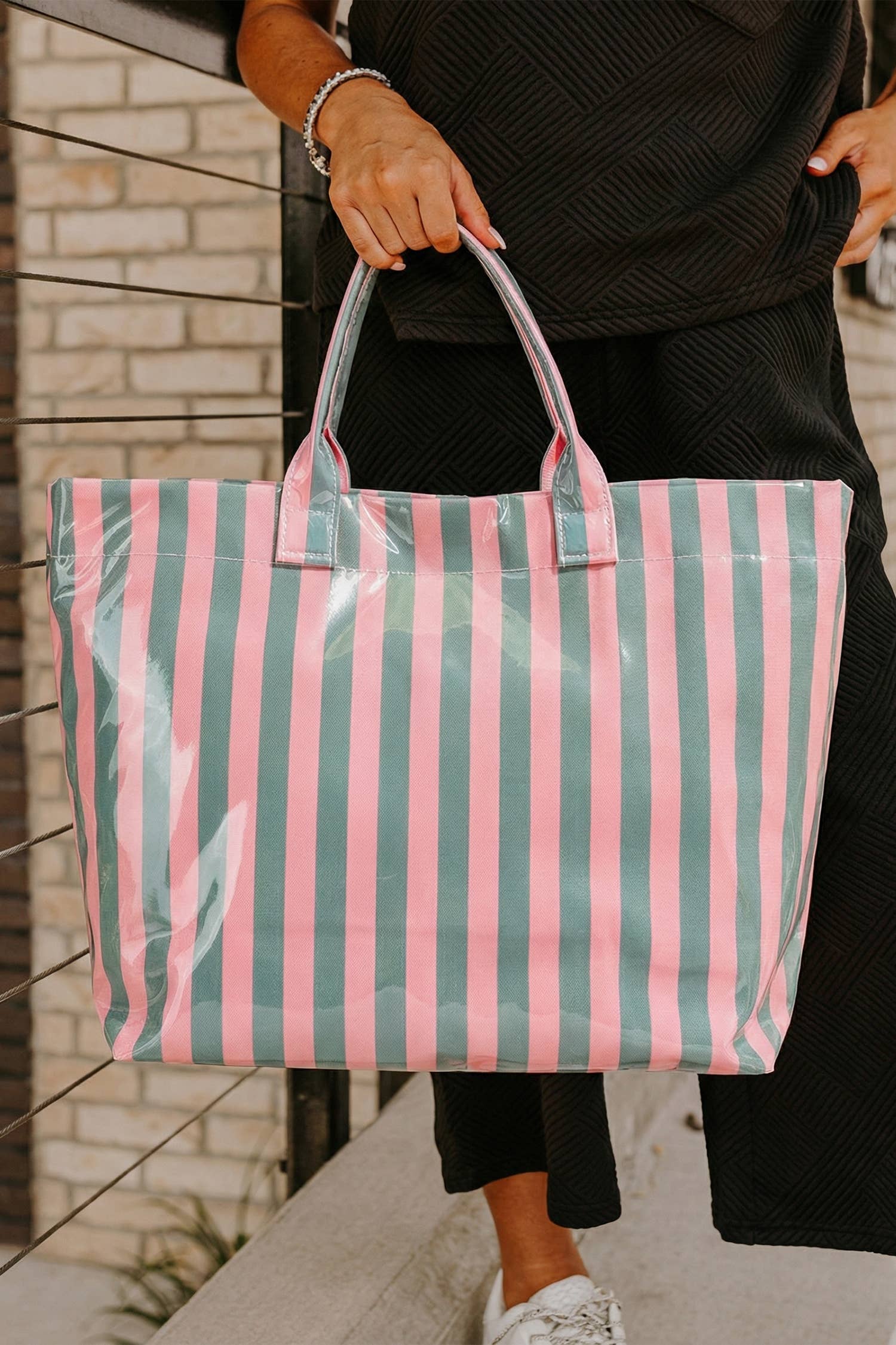 Glossy Striped Large Tote Bag: Blue Pink Stripe