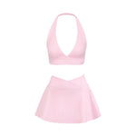 Women's Tennis Set:Halterneck Tank Top And Cross-Waist Skirt: Pink / L