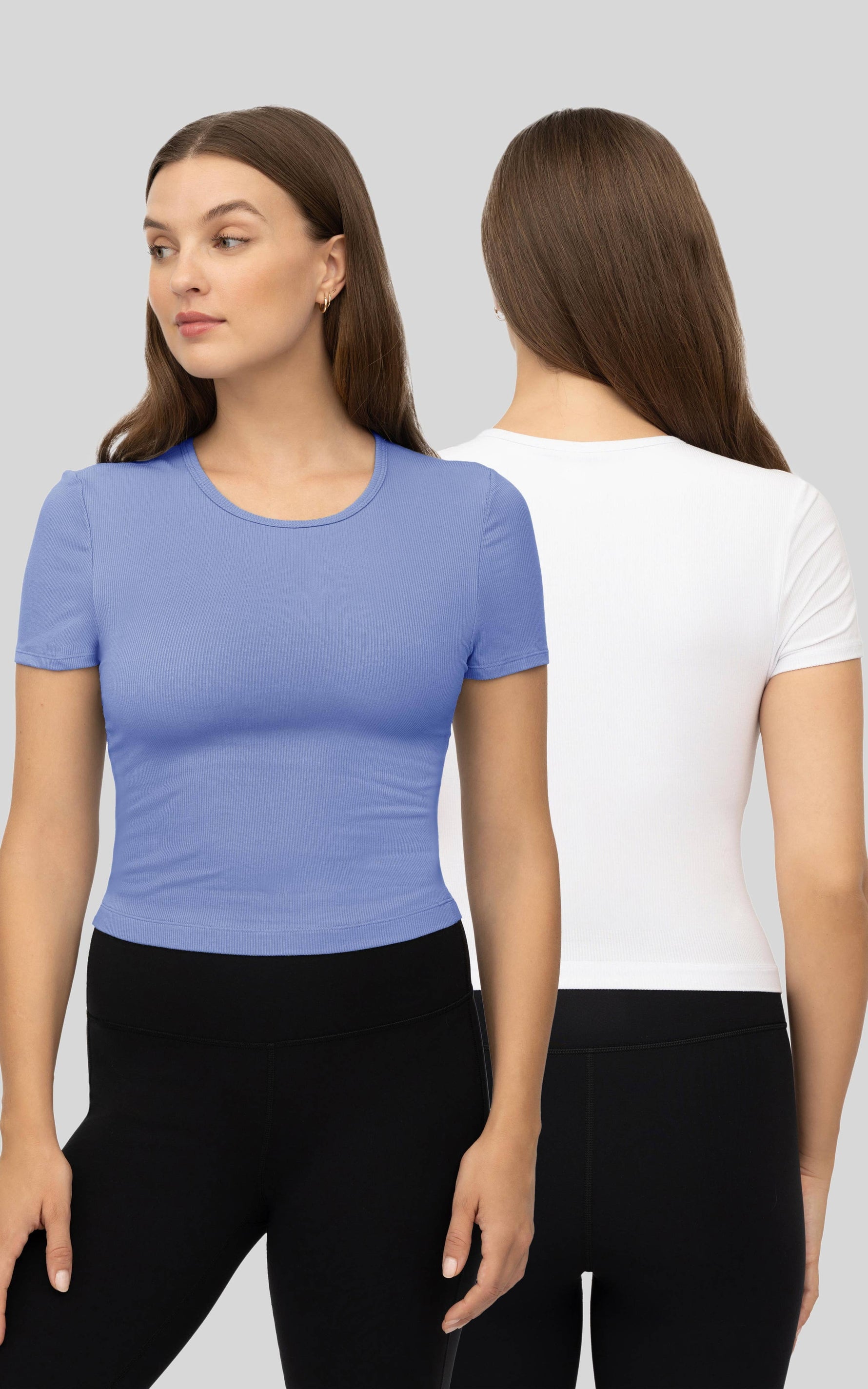 Women's Rib Short Sleeve Top with Inner Bra - 2 PACK: GREEN MILIEU/GARDENIA
