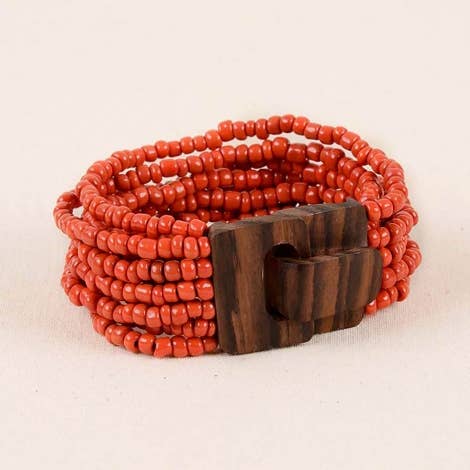 Bali Glass Beads Bracelet with Mini Wood Buckle: Black