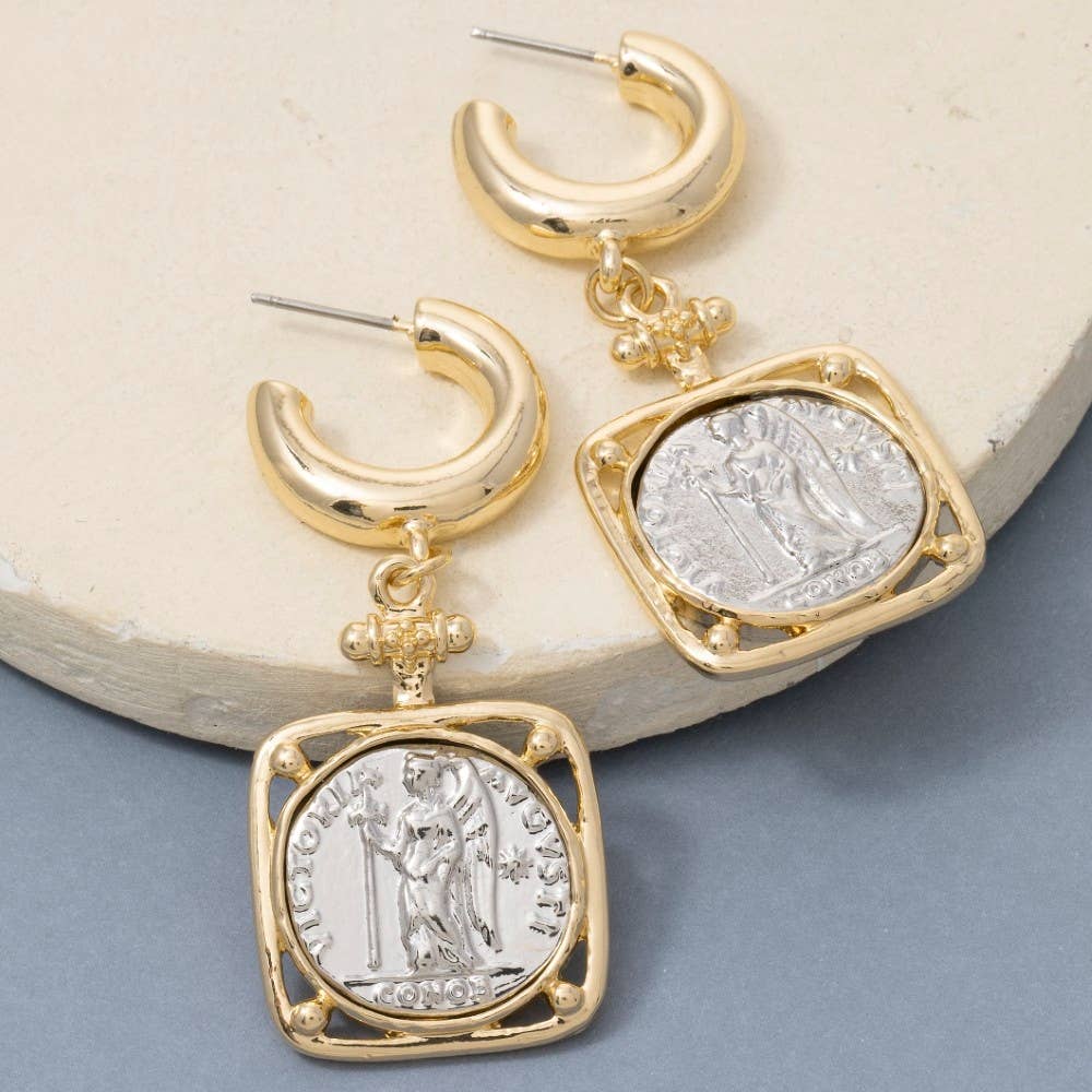 Square Two Tone Saint Coin Charm Hoop Earrings