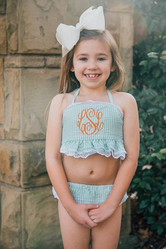 SALE Seersucker Lace Trimmed Bikini - Green: 4t