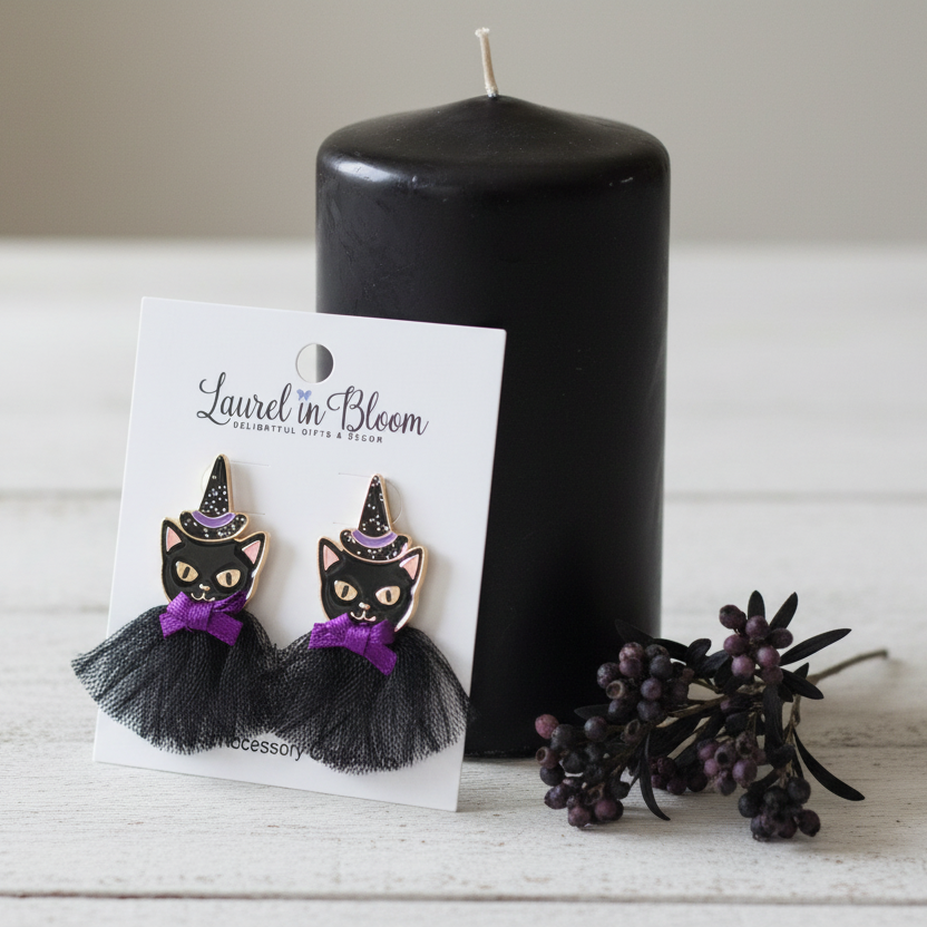 Whiskered Witches Halloween Cat Earrings