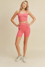 Pink Ribbed Seamless Sweetheart Crop Tank Set: Pink / L