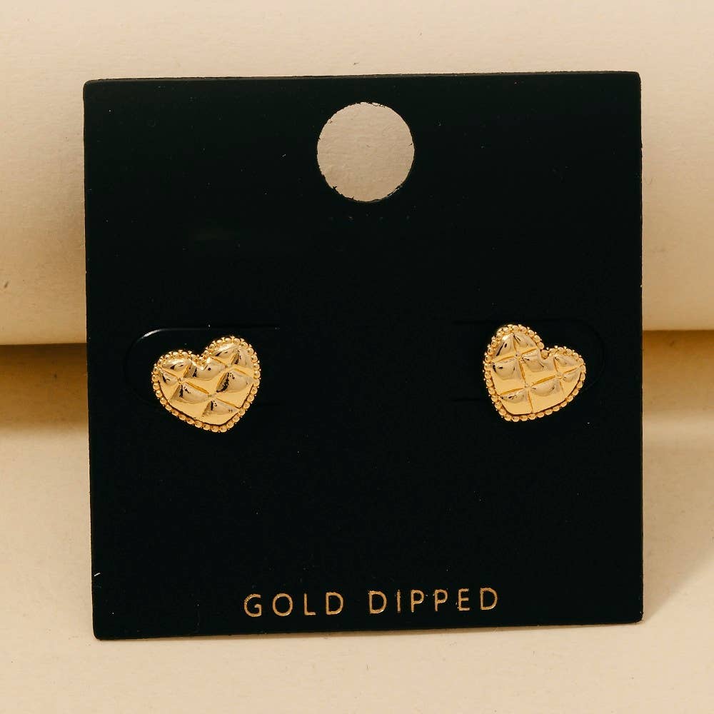 Gold Dipped Quilted Heart Stud Earrings