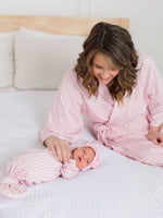 SoftSnooze™ Baby Girls Cotton Modal Pink Gingham Ruffle Knotted Sleep Gown & Bow Hat Set: Pink / Newborn-3m