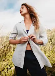 EMERALD COLLECTION Linen Button Down Blue Ticking Stripe - Size S