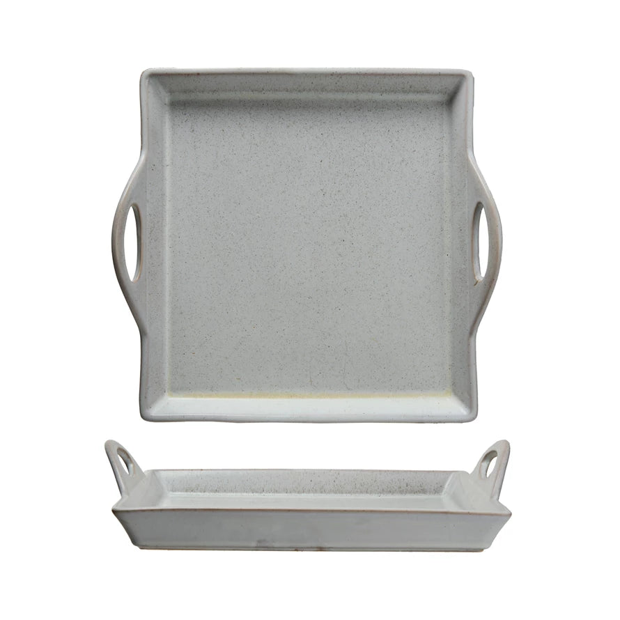 CREATIVE CO-OP Stoneware Tray w/ Handles, Antique White