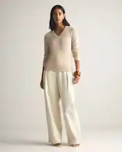 EMERALD COLLECTION Cotton & Cashmere Blend V-Neck Top in Tan -M