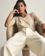 EMERALD COLLECTION Cotton & Cashmere Blend V-Neck Top in Tan -M