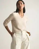 EMERALD COLLECTION Cotton & Cashmere Blend V-Neck Top in Tan -M