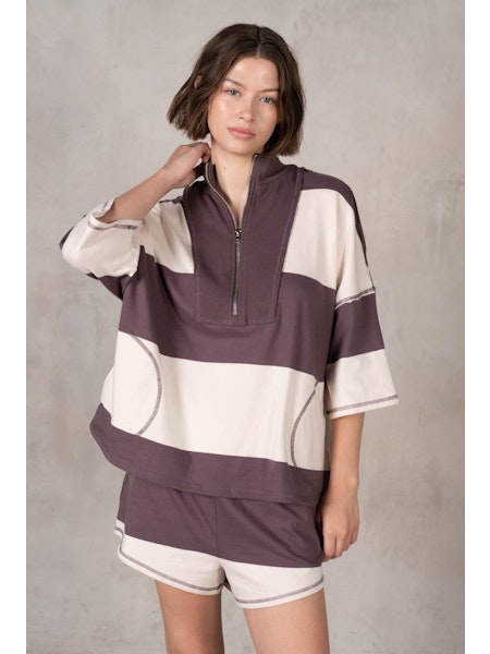 LaBiz  Yarn Dye Stripe Half Zip-Up Top N Shorts - Driftwood